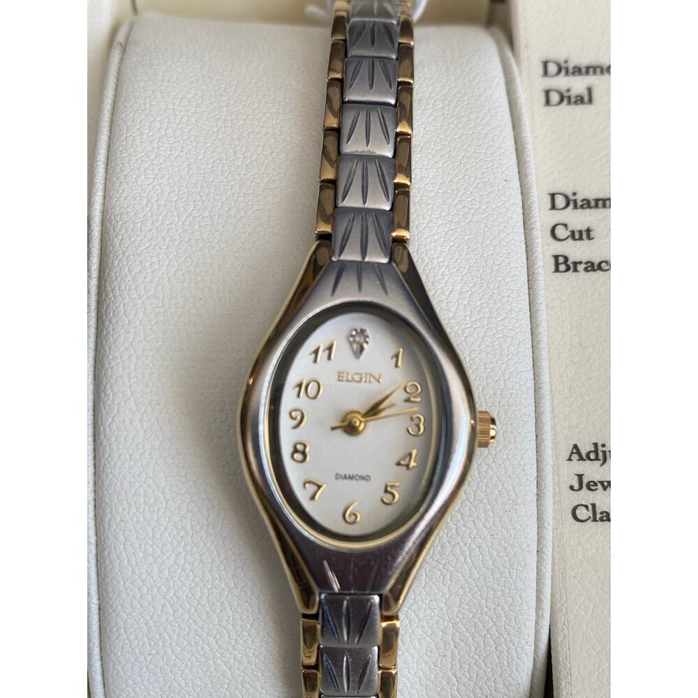 Elgin Women’s Two-Tone Watch - Diamond Dial - Diamond Cut Bracelet EG8076 NIB - Picture 4 of 5